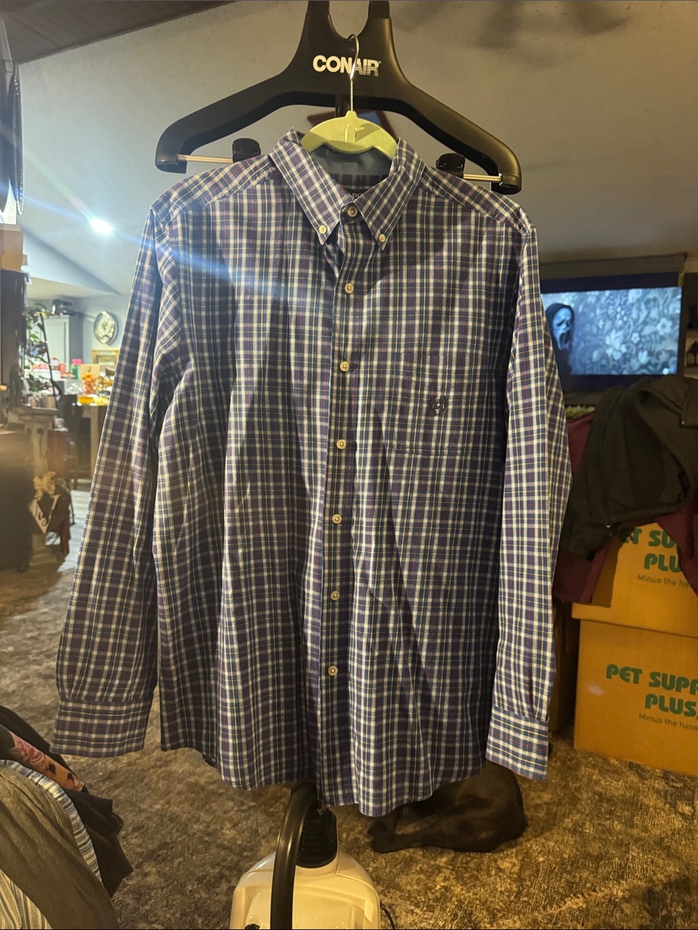 Chaps Blue and White Plaid Button-Down Shirt